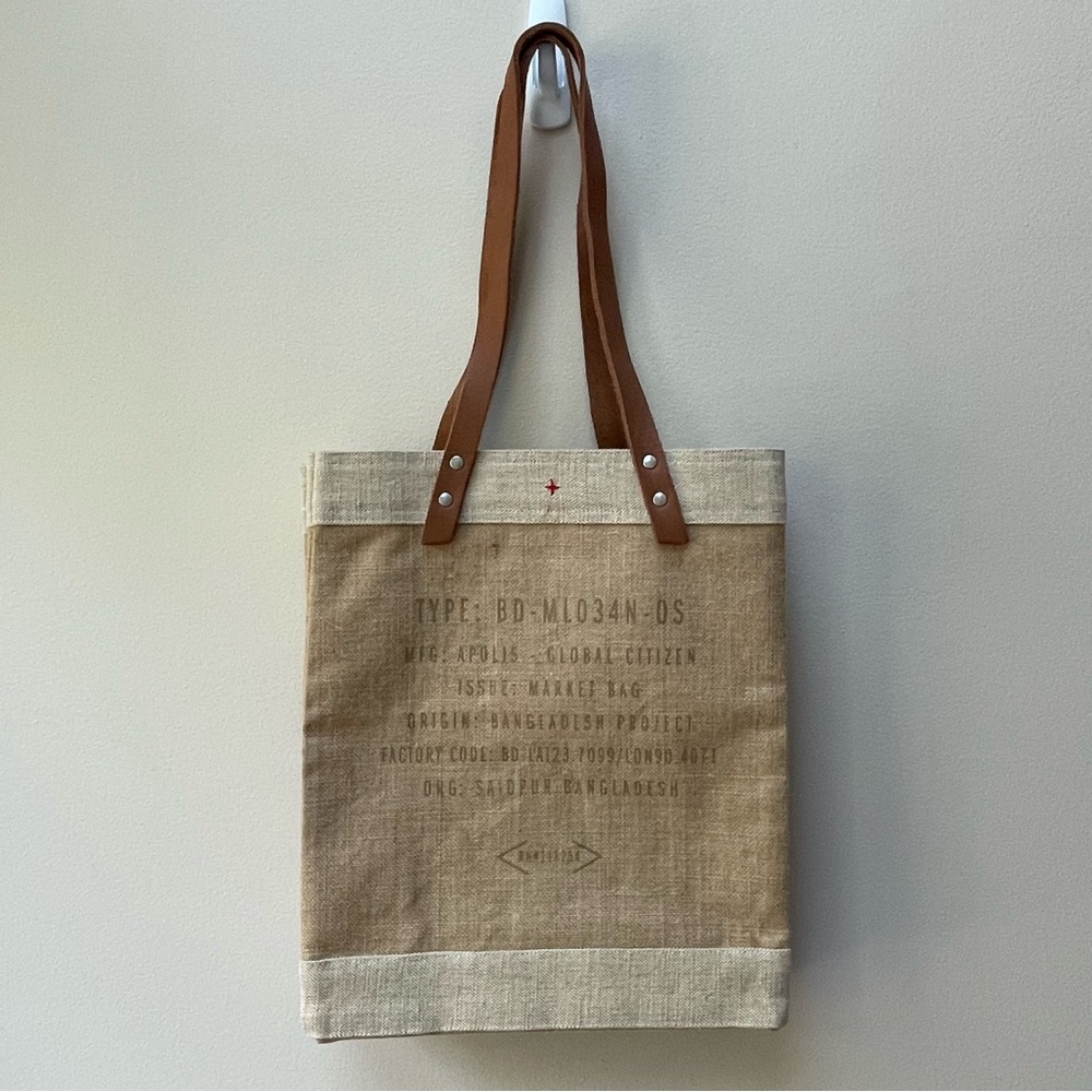 Apolis Global Citizen Market Bag Handcrafted Jute Tote Brown Leather Straps - Picture 7 of 9